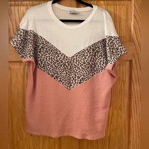 Pink, white, cheetah waffle knit top, size M (oversized)